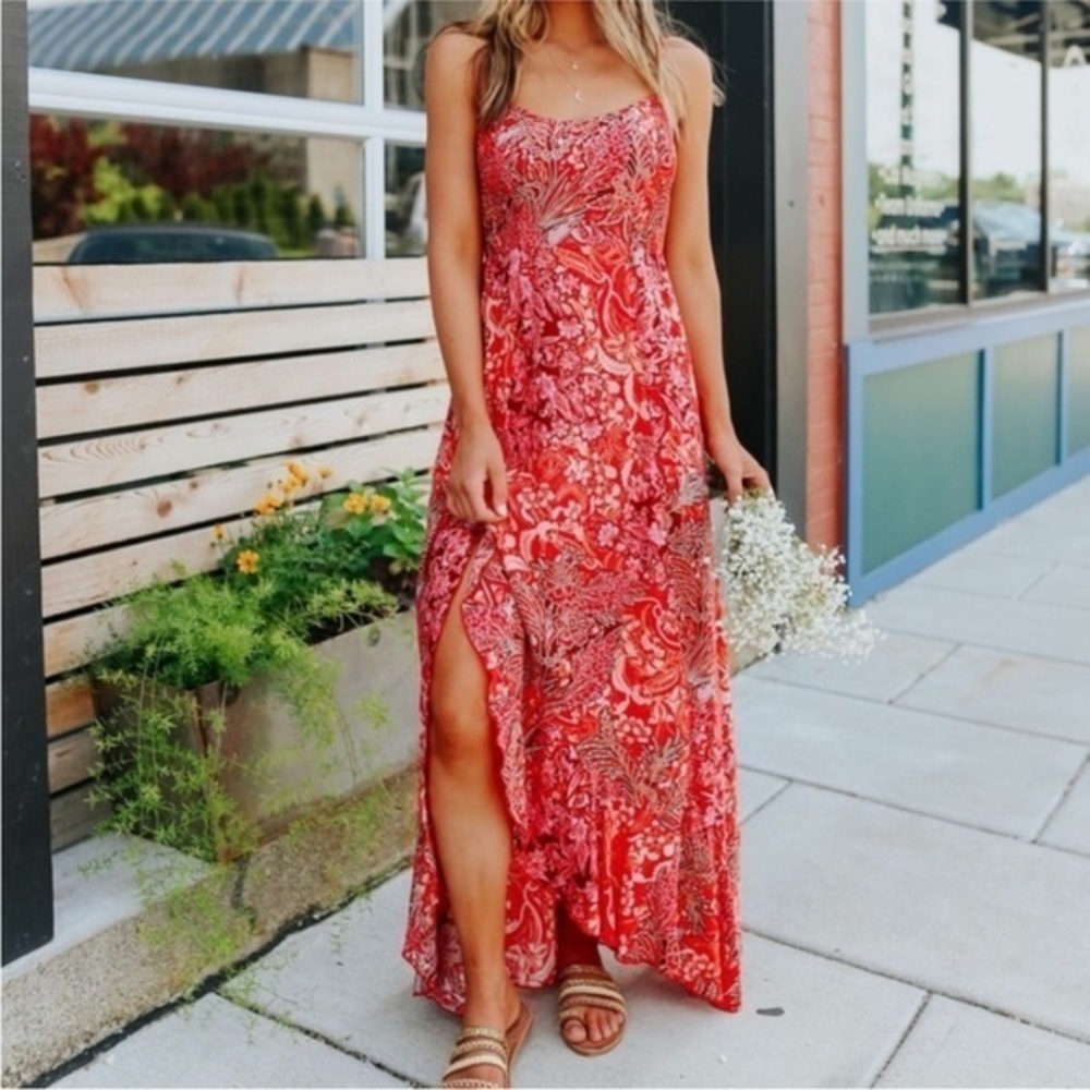 Free People forever yours floral ruffle dress front slit smocked  xs